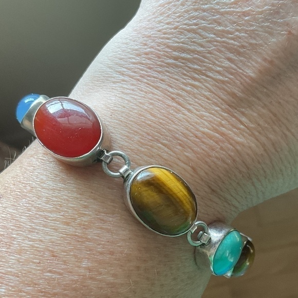 Sterling Silver 925 Turquoise/Tiger Eye/Carnelian/Blue Chalcedony Bracelet - Picture 8 of 11